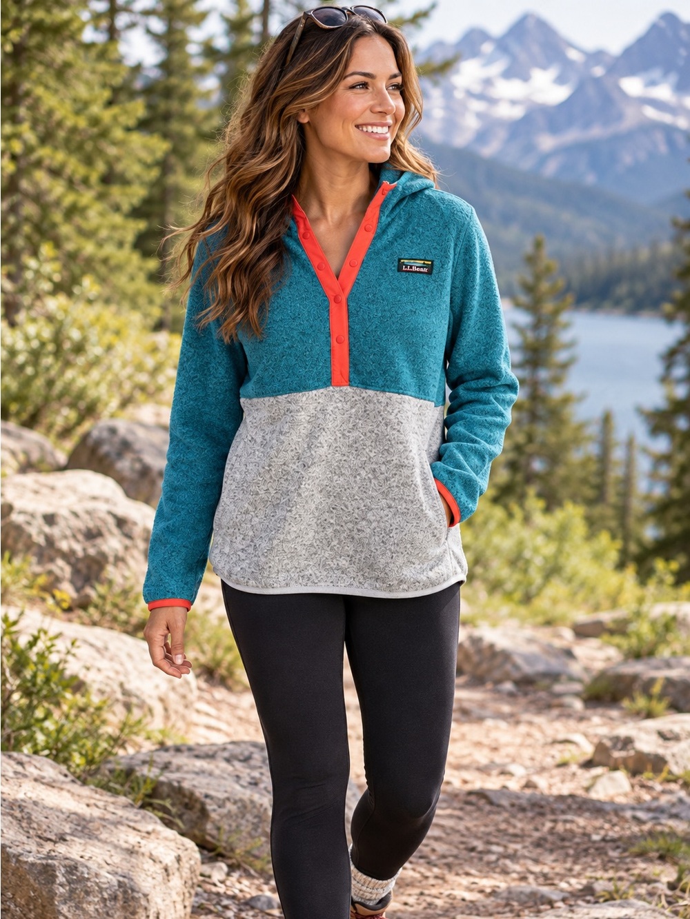 L.L. Bean Women's Turquoise and Light Gray Knit Snap Pullover Hoodie M